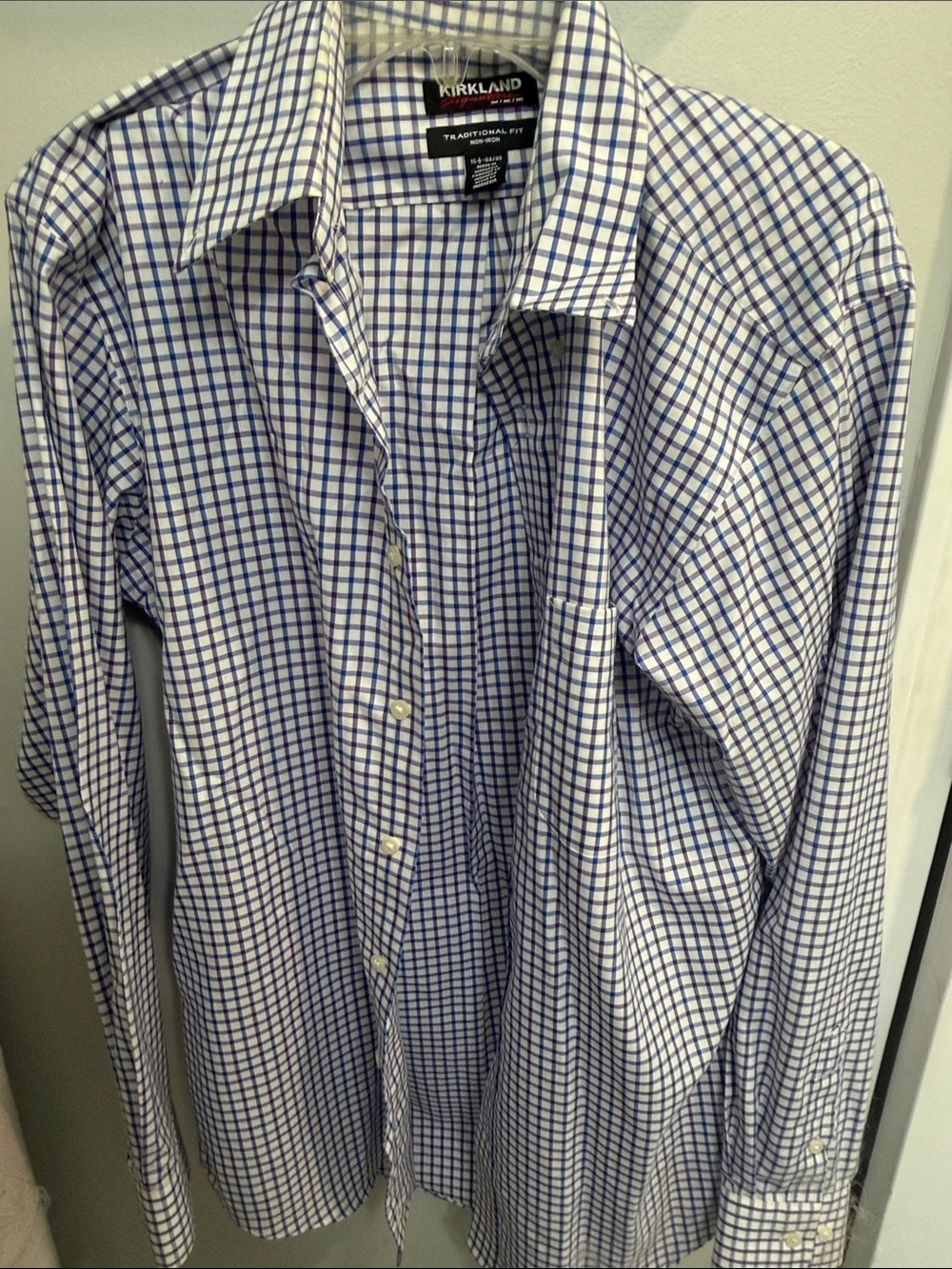 Kirkland Signature White Dress Shirt with Blue Windowpane Check